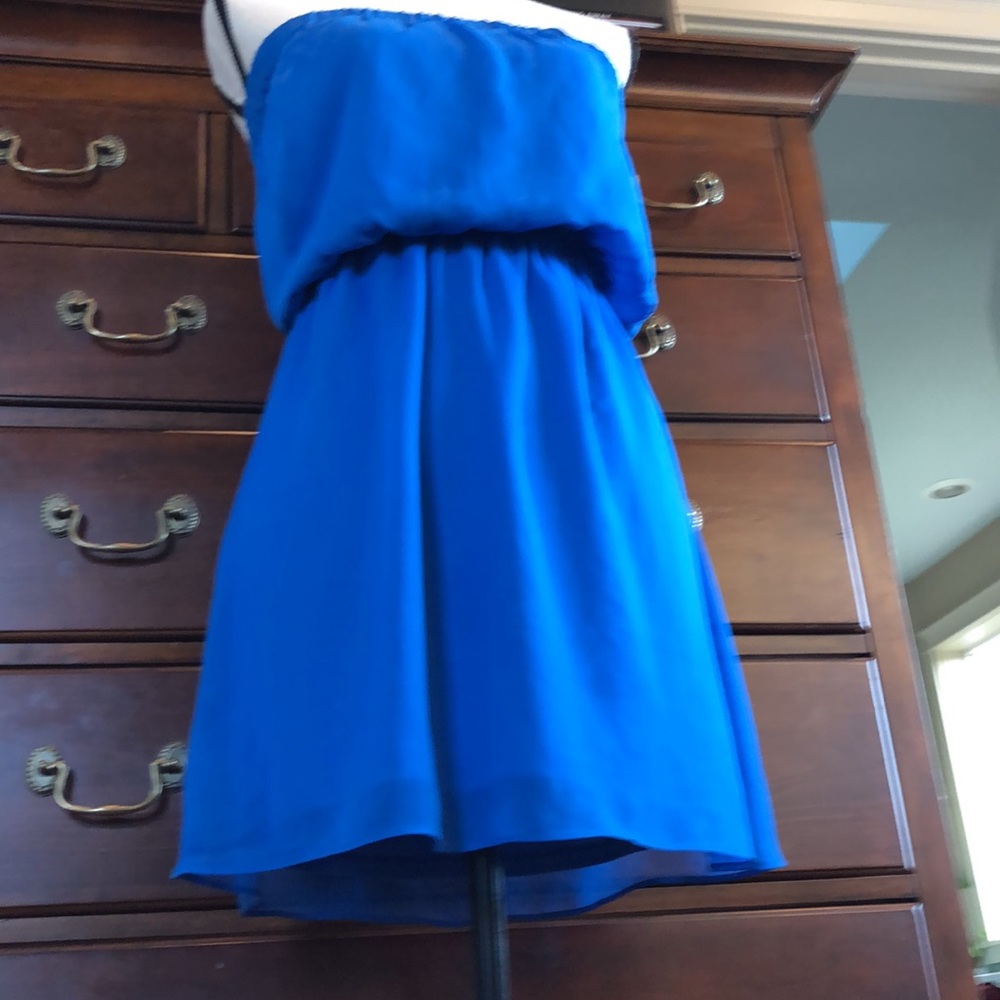 Express sz S strapless royal blue mini dress or long top, layered in royal blue